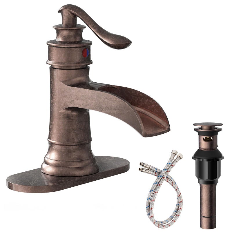Homevacious Bathroom Faucet Copper Waterfall Bathroom Sink Faucets with Single Handle Rustic Vanity Farmhouse RV Faucet Suitable for 1 or 3 Holes with Pop-up Drain Deck Plate Hose - Image 1